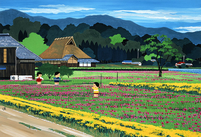 日本の四季 風景カレンダーイラスト 子供イラスト レンゲの首飾り