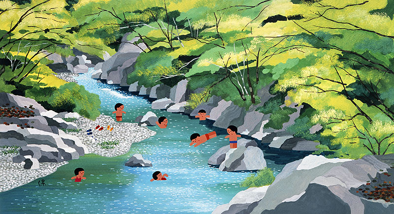 日本の四季 風景カレンダーイラスト 子供イラスト 川で遊ぶ子供