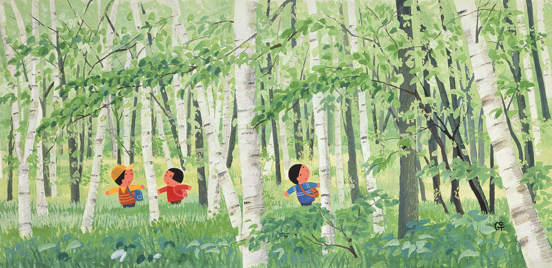 日本の四季 風景カレンダーイラスト 子供イラスト 緑の林を探検する子供