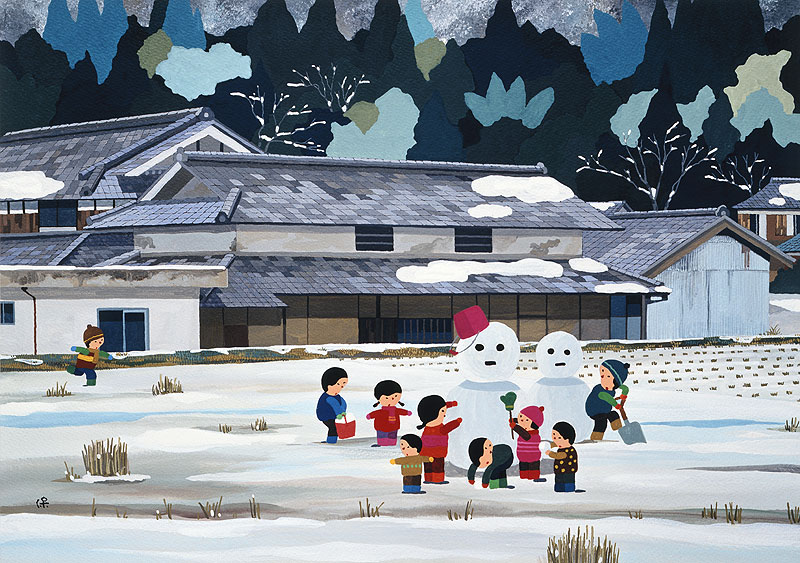 日本の四季 風景カレンダーイラスト 子供イラスト 雪ダルマ