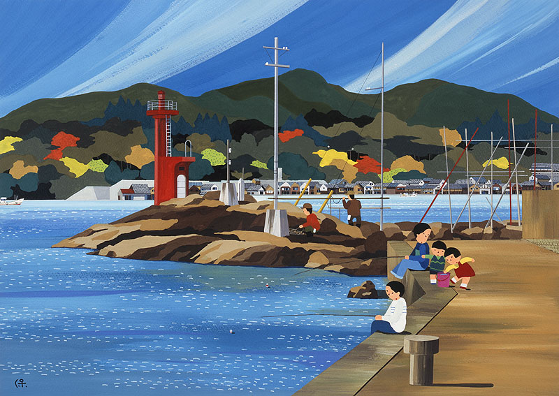 堤防釣りイラスト画像 赤い灯台のある港の堤防で釣りをする人々