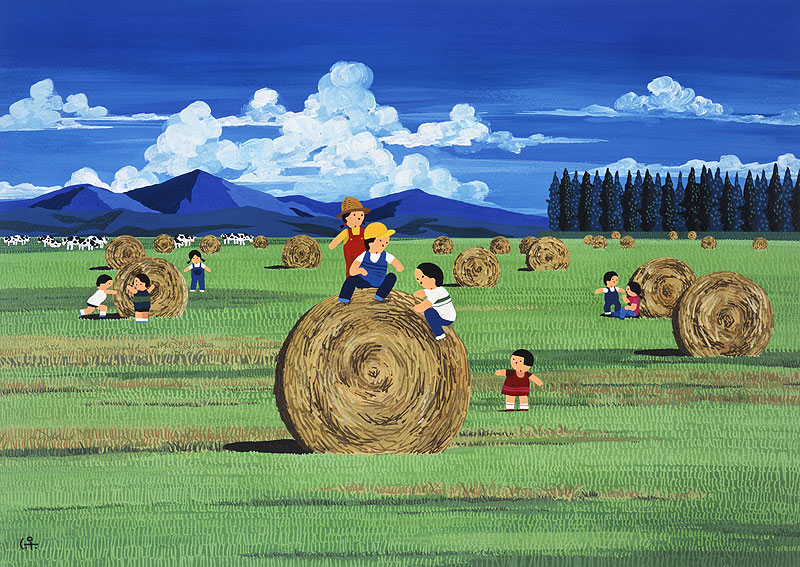 日本の四季 風景カレンダーイラスト 夏の牧場で干し草を使って楽しむ人々