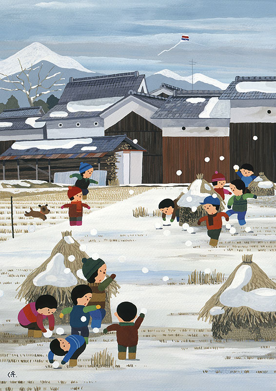 雪合戦イラスト 冬の田んぼで雪合戦をする子どもたち