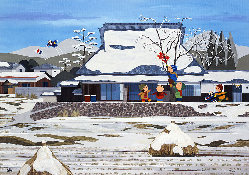 日本の四季 風景カレンダーイラスト お正月イラスト 雪景色の農村で木に絡まっ