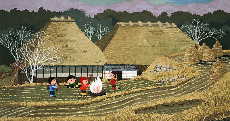 日本の四季風景カレンダーイラスト 晩秋の里山風景 たき火で焼き芋を
