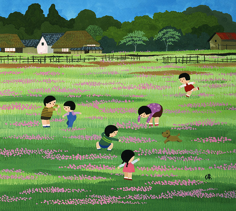 春の風景イラスト レンゲ畑で花を摘んで遊ぶ子どもたち