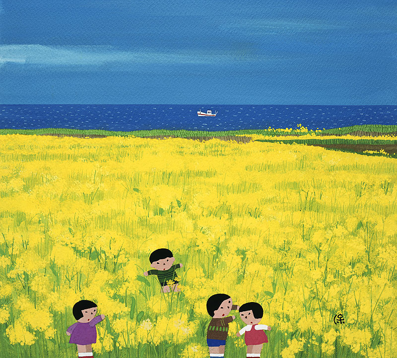 海の見える菜の花畑で遊ぶ子どもたちの風景カレンダーイラスト