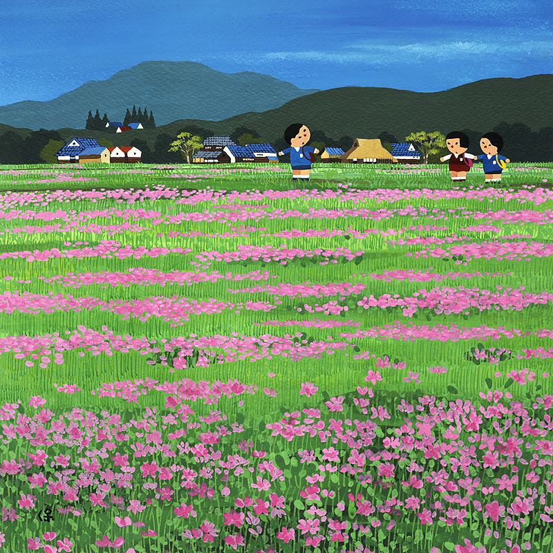 花畑カレンダーイラスト レンゲ畑の広がる農村風景