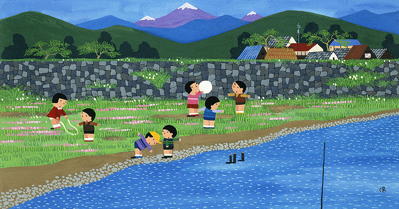 日本のふるさと風景イラスト 河川敷で縄跳びやボール投げをする子どもたち