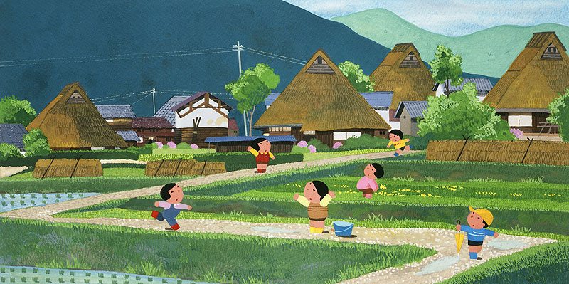 日本のふるさとイラスト 藁葺き屋根の民家のある村で遊ぶ子どもたち