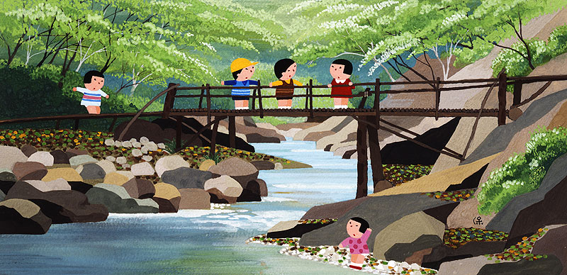 日本のふるさとイラスト素材 橋のある小川で遊ぶ子どもたち