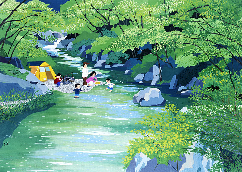 キャンプイラスト 自然豊かな川でキャンプをする人たち