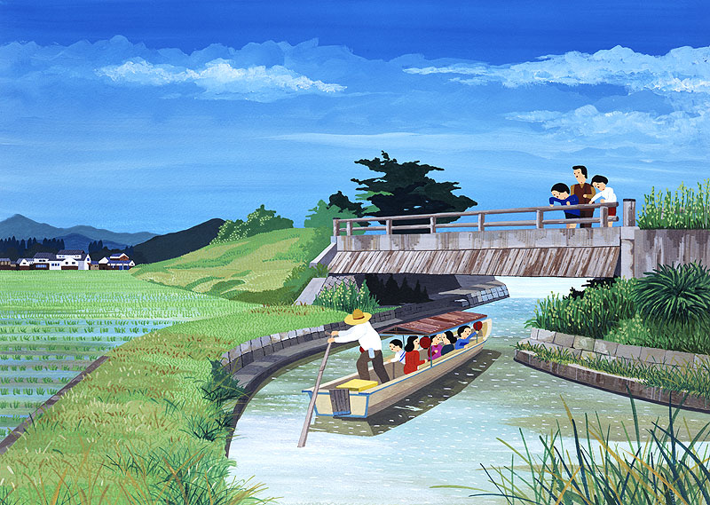 川下りイラスト 田園風景の中を流れる川を小船で下る人たち