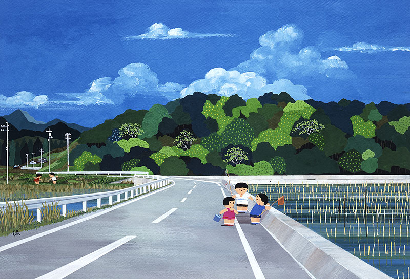 夏の風景イラスト 田舎の道路で網やバケツを手に遊びの