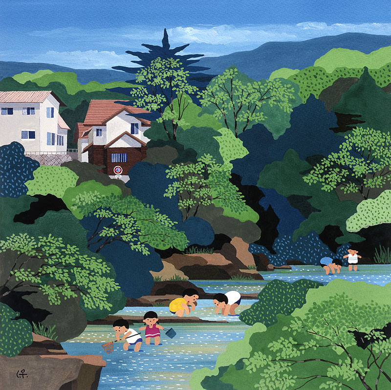 川遊びイラスト 夏の小川で魚取り等をして遊ぶ人たち