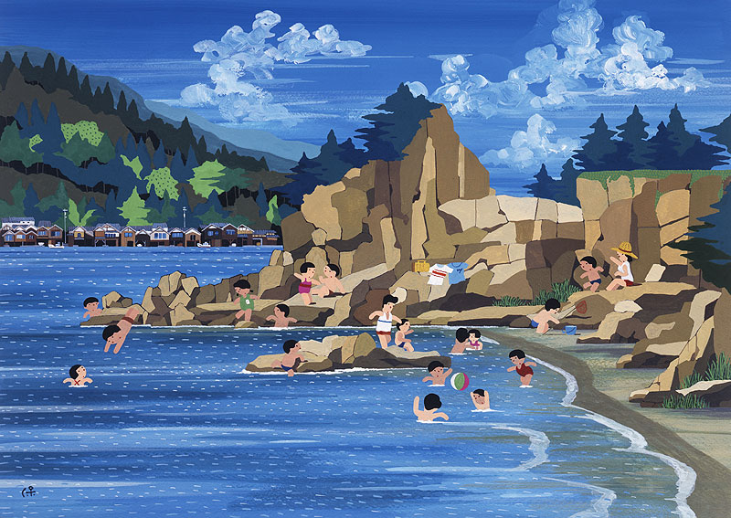 海水浴イラスト 夏の海で泳いだり岩場で遊ぶ人々