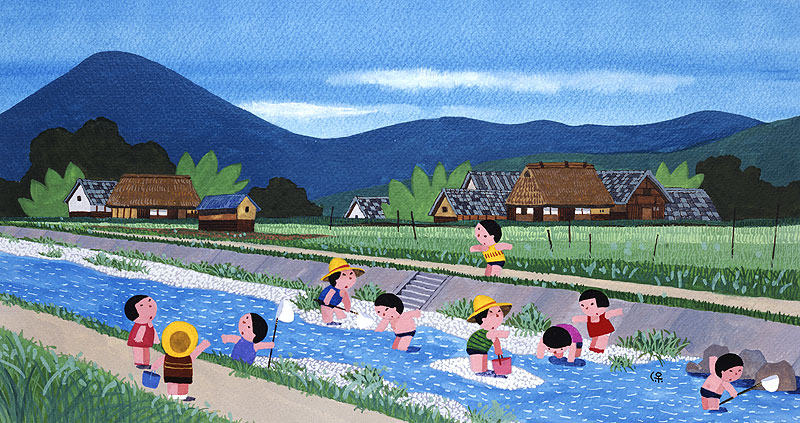 川遊びイラスト 夏の小川で水遊びをする子どもたち