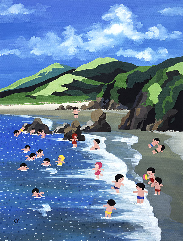 海水浴イラスト素材 夏の砂浜で海水浴をして遊ぶ子どもたち
