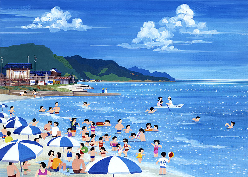 海水浴イラスト素材 夏の海水浴場で遊ぶ人たち