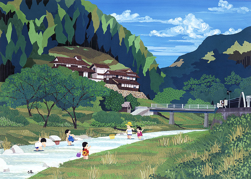 川遊びイラスト 自然豊かな山里の小川で遊ぶ子どもたち