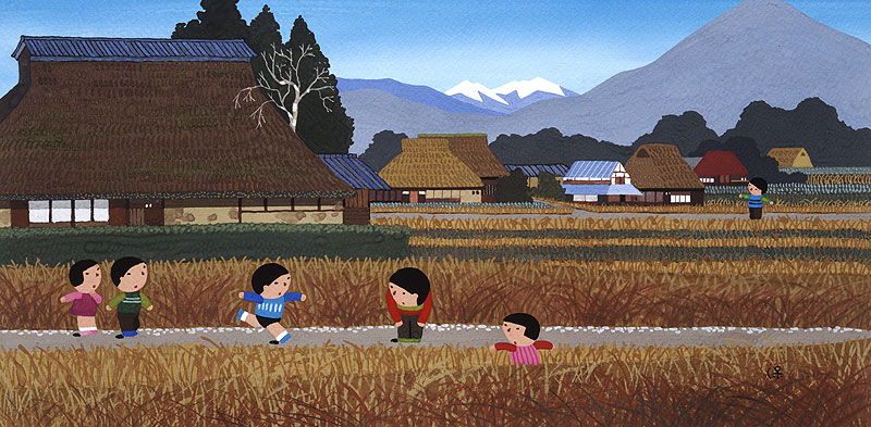 秋の農村風景イラスト 茅葺き屋根のある農村の道ばたで遊ぶ子どもたち