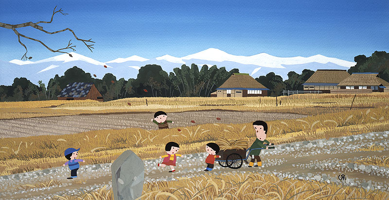 ふるさと風景イラスト 秋の田んぼで藁を運ぶ農家と子ども