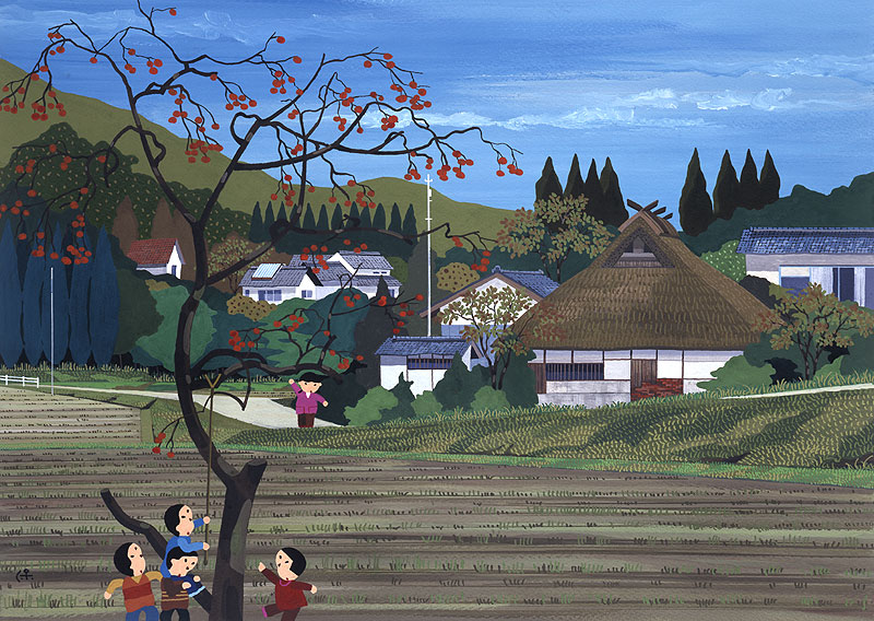 秋の風景イラスト 村の柿の木から柿の実を取ろうとする子ども
