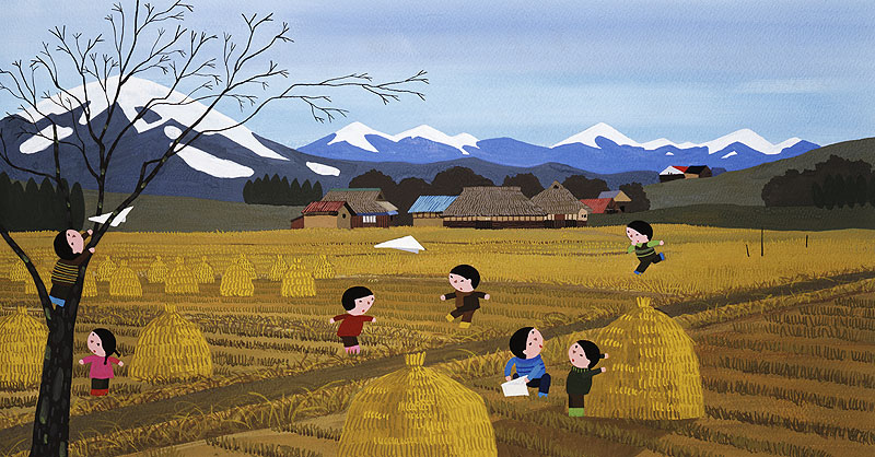 晩秋風景ヘッダーイラスト 刈入れの終わった田にて遊ぶ子どもたち