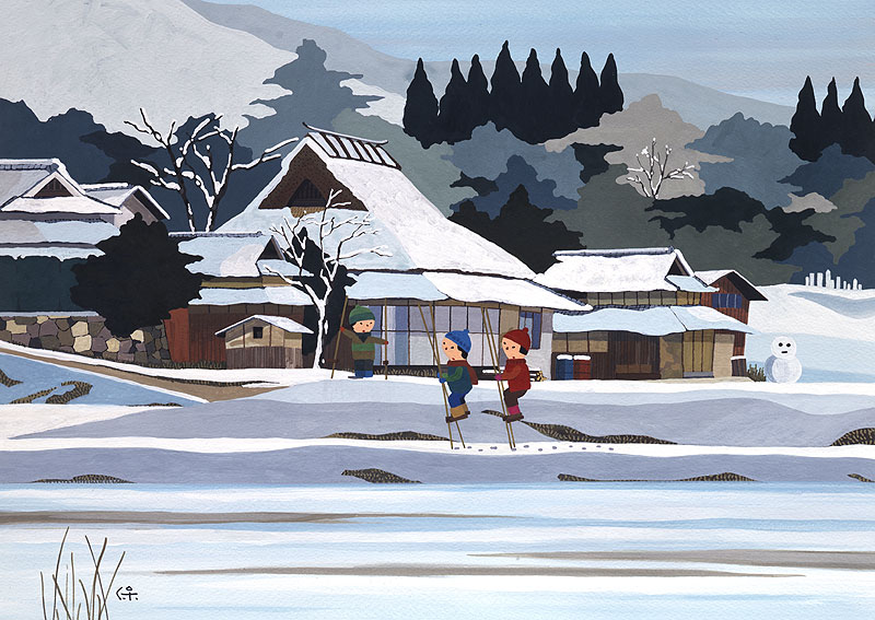 雪景色イラスト 冬の雪の積もった農村で竹馬で遊ぶ子どもたち