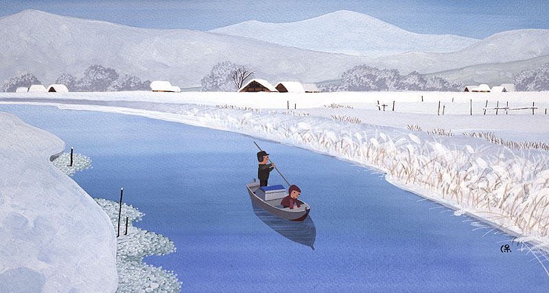 冬の風景ヘッダーイラスト 一面の雪景色と川を小舟で下る親子