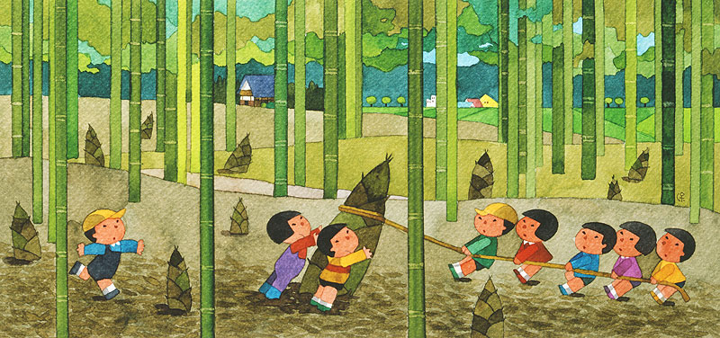 竹の子掘りイラスト 竹林の中でタケノコを掘る子どもたち