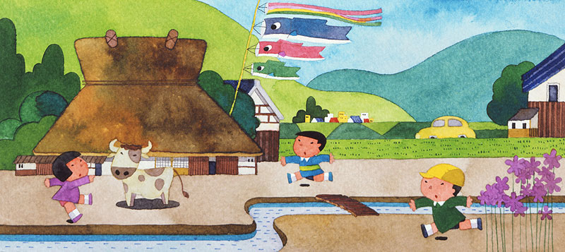 ふるさとイラスト 牛と鯉のぼりと茅葺き屋根と子どもたちのいる風景