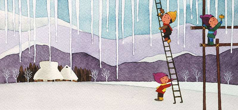 冬の風景イラスト 長く垂れ下がったつららで遊ぶ子どもたち