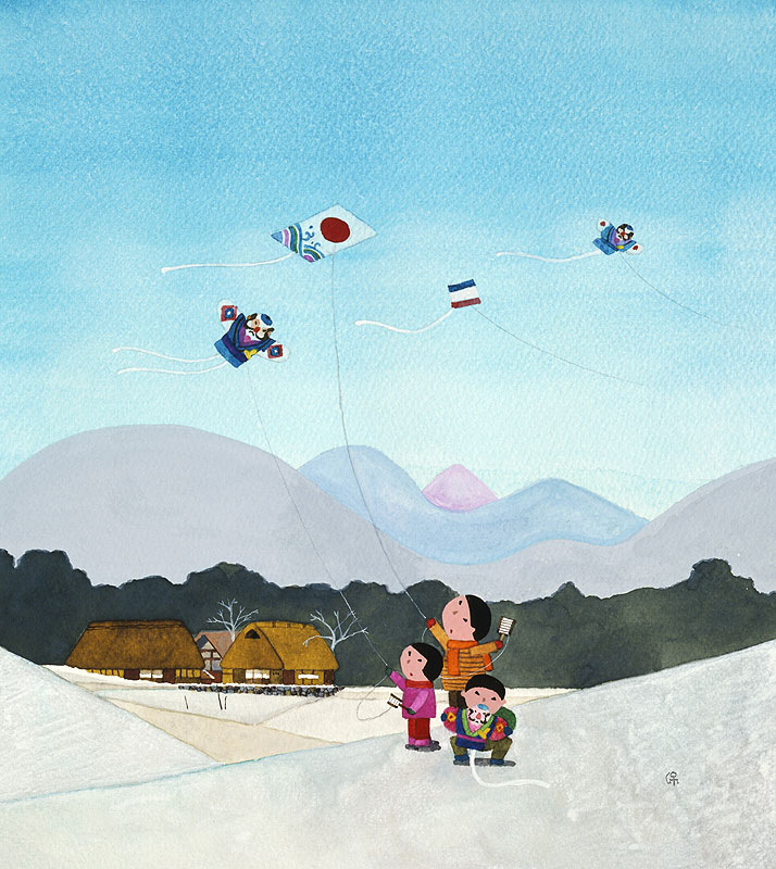 正月遊びイラスト 冬の農村で凧揚げをして遊ぶ子どもたち