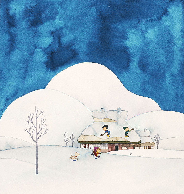 雪景色風景イラスト 屋根に積もった雪を雪おろしする人々