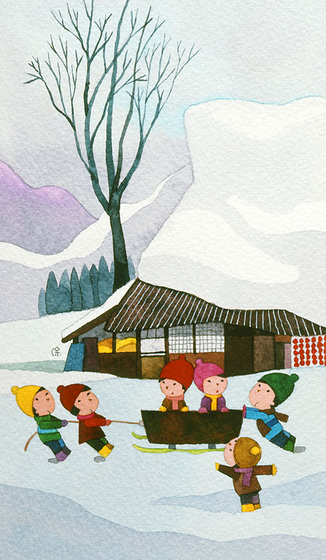 雪遊びイラスト ソリで遊ぶ子どもたち