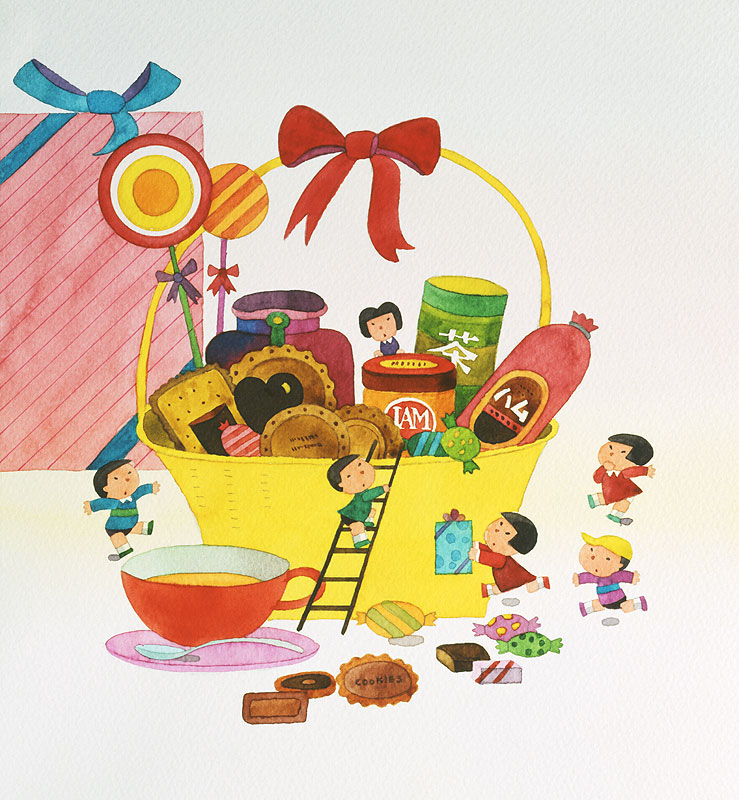 お菓子メルヘンイラスト お菓子のかごで遊ぶ子どもたち