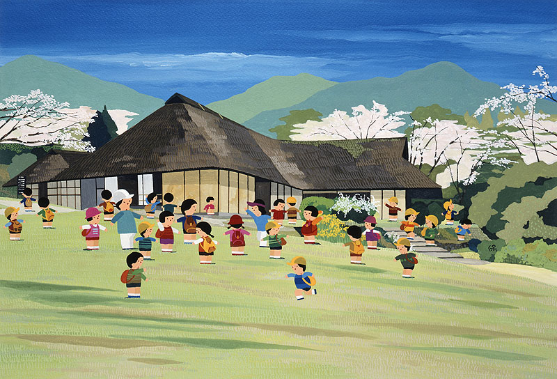 茅葺き屋根の里に遠足に来た子どもたち 日本の懐かしい風景イラスト