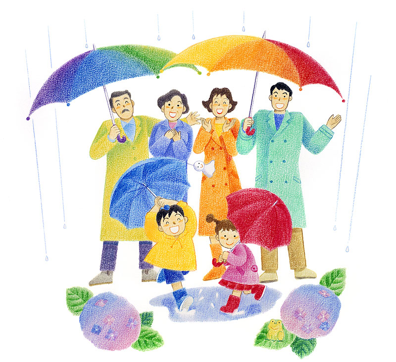	
雨　雨の中で楽しそうな子供たちイラスト　（手描きパステルイラスト）