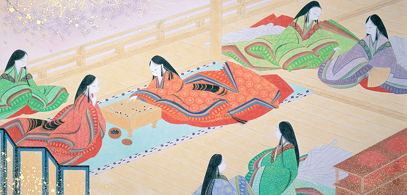 和風イラスト 平安時代源氏物語桜と碁を打つ十二単の少女