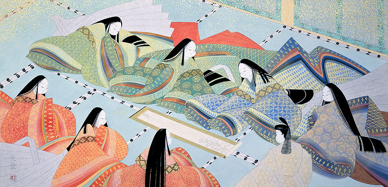 和風イラスト 平安時代源氏物語絵巻物を見る十二単の少女