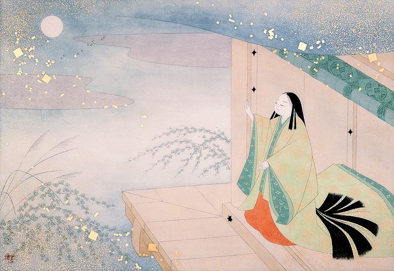 和風イラスト 平安時代古今和歌集月を見る十二単の少女