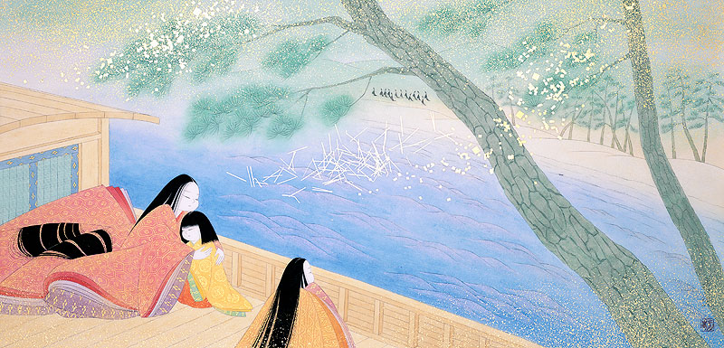 和風イラスト 平安時代源氏物語舟上の十二単の母親と少女