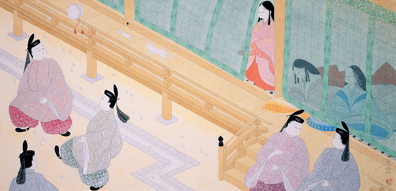 和風イラスト 平安時代源氏物語蹴鞠見る十二単の少女と猫