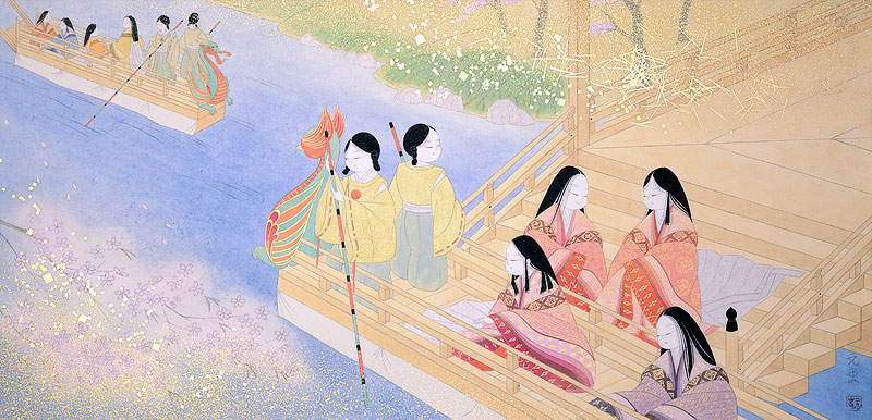 和風イラスト 平安時代源氏物語舟遊に興じる十二単の少女