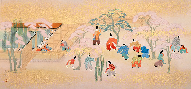 和風イラスト 平安時代年中行事絵巻蹴鞠の男性十二単少女