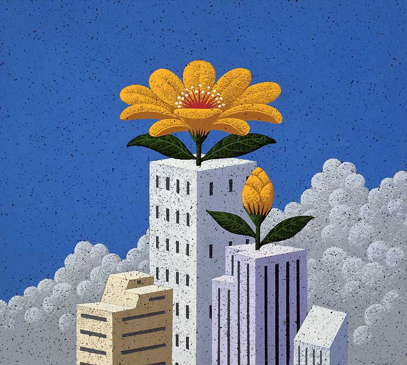 メルヘン ファンタジーイラスト 高層ビルの屋上に咲く大きな黄色花とつぼみ