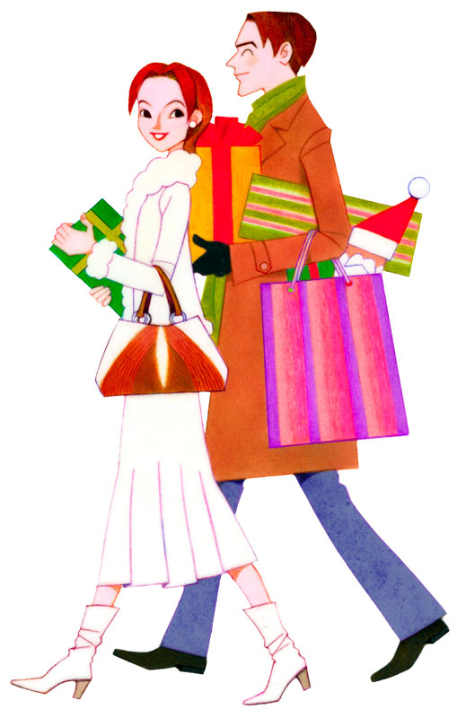 クリスマスイラスト クリスマスプレゼントを抱えてショッピングするカップル
