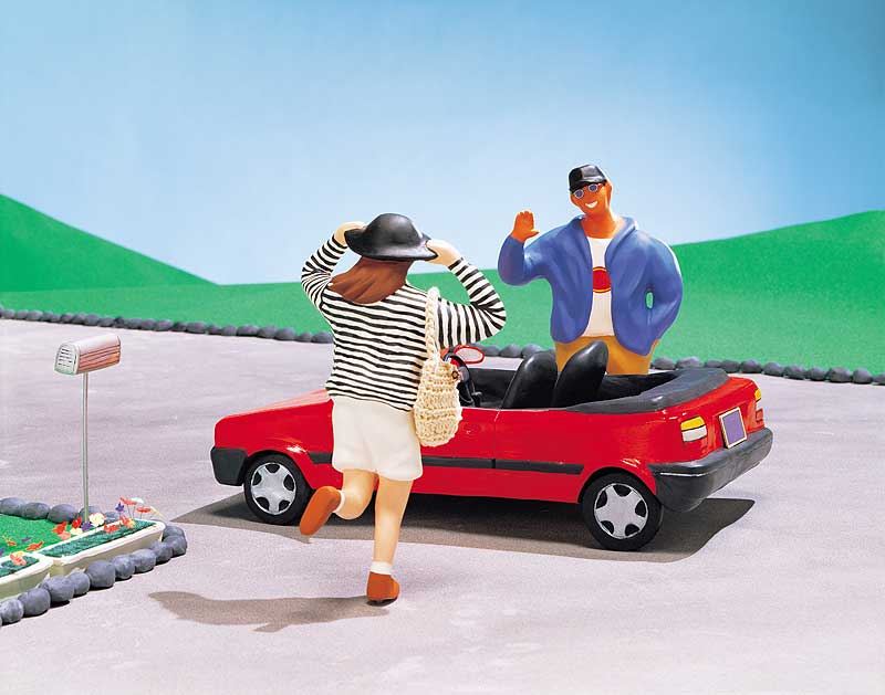 クレイ立体イラスト 赤いオープンカーで休日のドライブに出発する待ち合わせのカップル