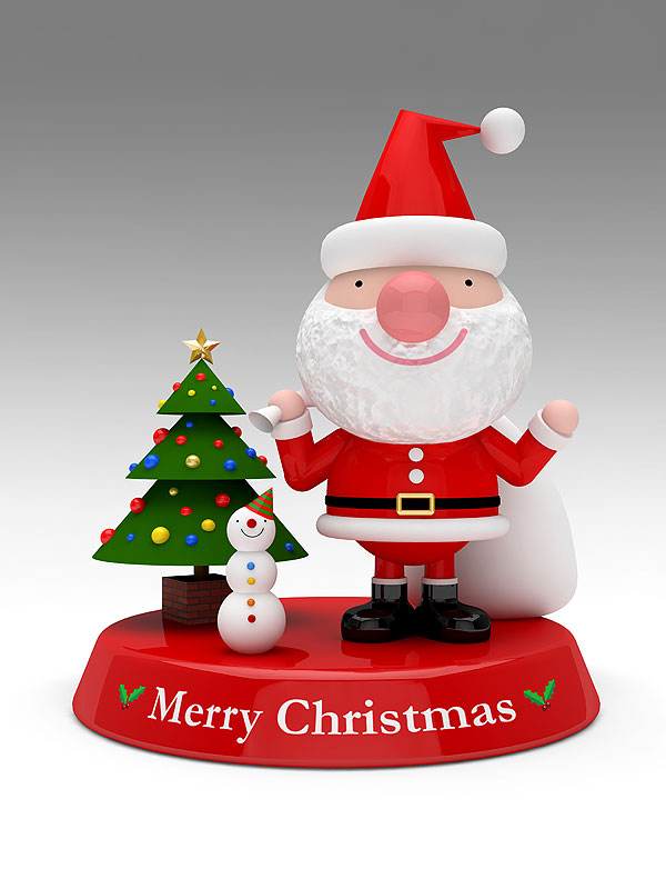 クリスマス雑貨イメージイラスト　メリークリスマスの文字台座に乗ったサンタとクリスマスツリーと雪だるまのクリスマス雑貨イメージイラスト
